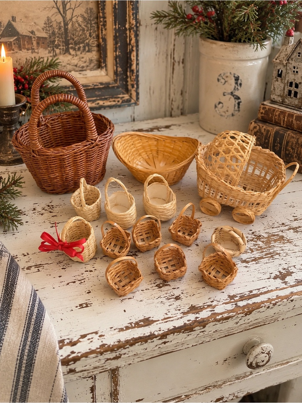 Set of 14 Handwoven Miniature Wicker Basket Set